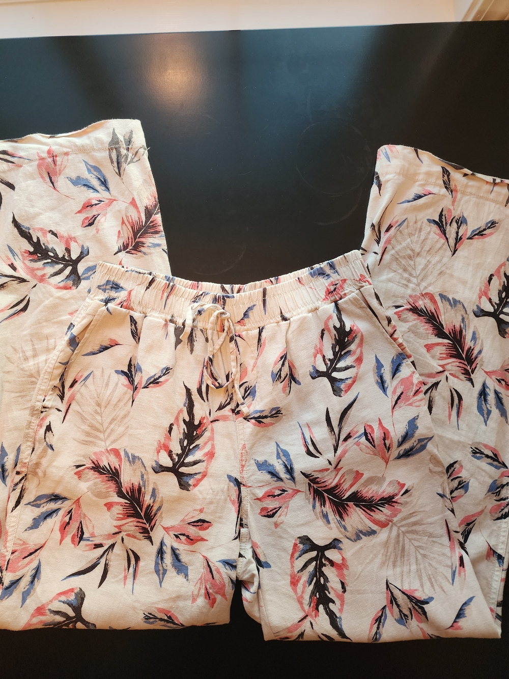 Briggs New York Cream Floral Print Elastic-Waist Linen Blend Pants